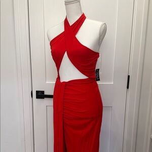 Red halter crisscross cut out drape ruched dress